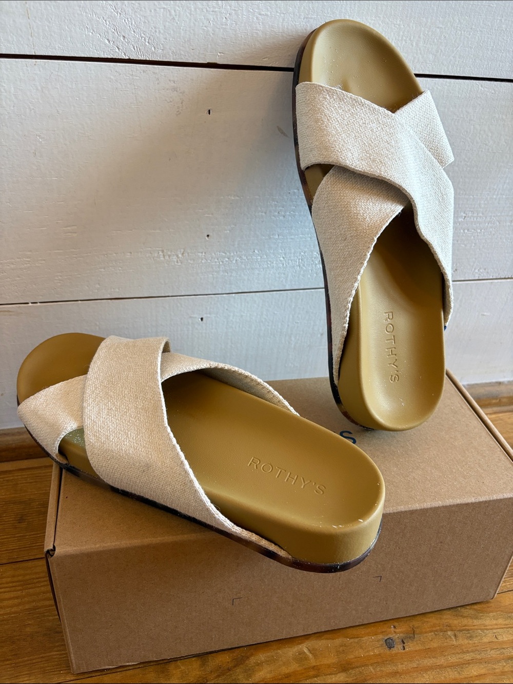 Rothy's Beige Crossband Slide Sandals with Tan Footbed